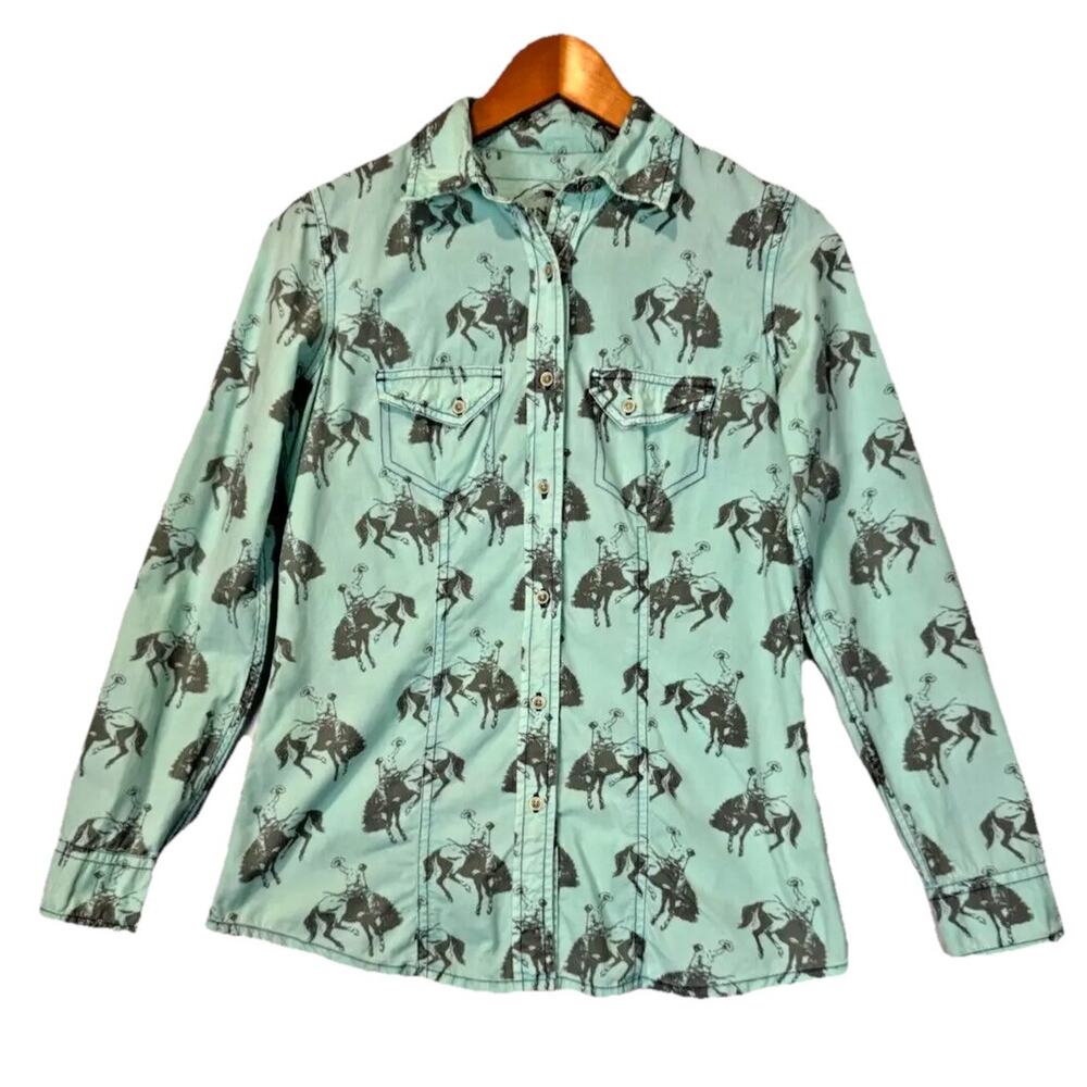 Barn Fly Trading Womens Small Button Up Shirt Cowboy Rodeo Turquoise Gray Wester